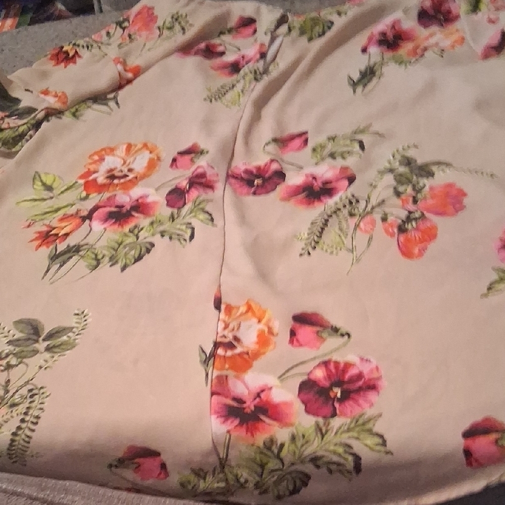 Soho Jeans Floral V-Neck Blouse Cream Pink Orange XL Boho - Picture 3 of 10